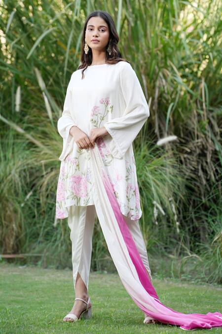 House Of TA-YA_Off White Modal, Satin Embroidery, Floral Blossom Print Kurta Dhoti Pant Set _at_Aza_Fashions