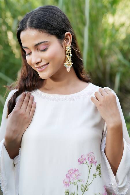 Buy_House Of TA-YA_Off White Modal, Satin Embroidery, Floral Blossom Print Kurta Dhoti Pant Set 