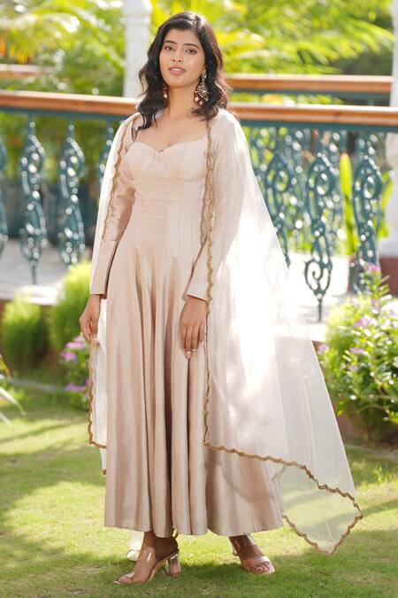 House Of TA-YA_Gold Cotton, Silk, Net Sequins Panelled Anarkali With Embroidered Border Dupatta _Online_at_Aza_Fashions
