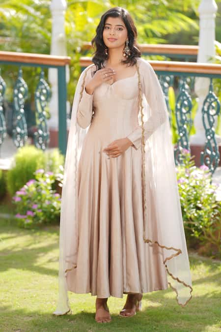 Shop_House Of TA-YA_Gold Cotton, Silk, Net Sequins Panelled Anarkali With Embroidered Border Dupatta _Online_at_Aza_Fashions