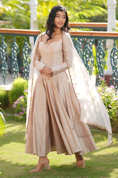 House Of TA-YA_Gold Cotton, Silk, Net Sequins Panelled Anarkali With Embroidered Border Dupatta _at_Aza_Fashions