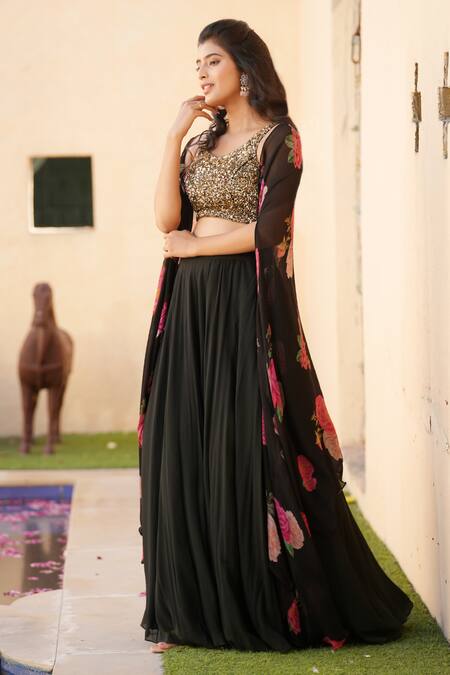 House Of TA-YA_Black Georgette Sequins Round Neck Floral Print Cape Lehenga Set _at_Aza_Fashions