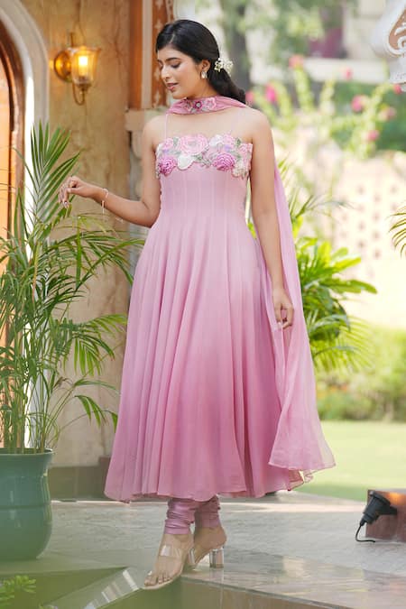 Shop_House Of TA-YA_Maroon Georgette, Chiffon Embroidery Square Neck Thread Ombre Anarkali Set _Online_at_Aza_Fashions