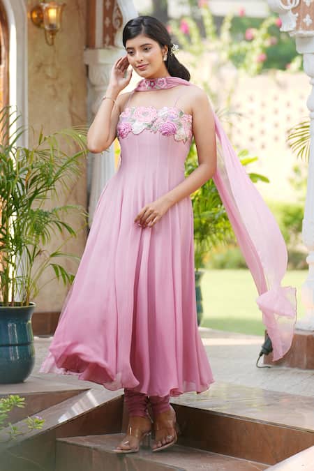 House Of TA-YA_Maroon Georgette, Chiffon Embroidery Square Neck Thread Ombre Anarkali Set _at_Aza_Fashions