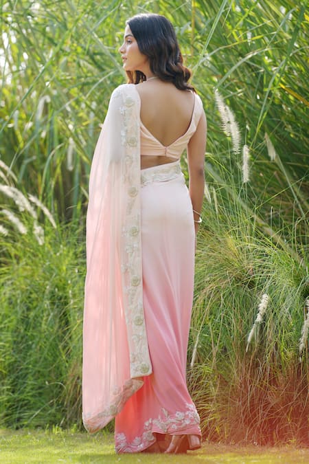 Shop_House Of TA-YA_Pink Georgette, Cotton Cut Work Ombre Border Embroidered Saree With Blouse _at_Aza_Fashions