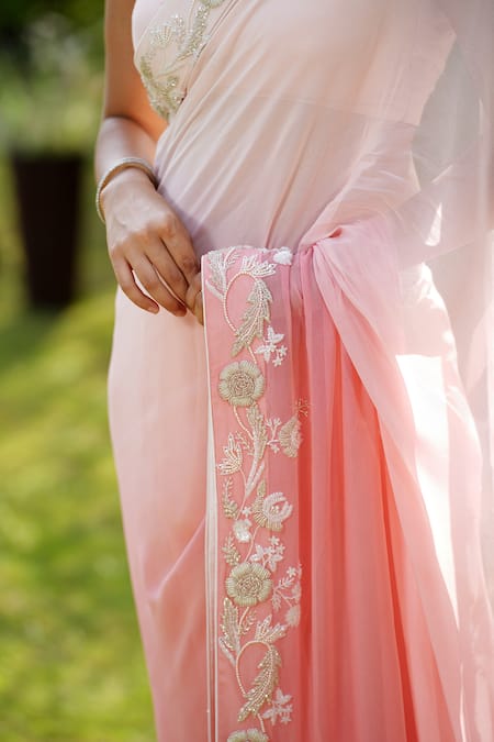 House Of TA-YA_Pink Georgette, Cotton Cut Work Ombre Border Embroidered Saree With Blouse _at_Aza_Fashions