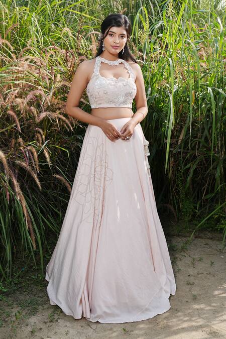 House Of TA-YA_Pink Cotton, Silk, Georgette, Net Pearls, Placement Embellished Lehenga Set _Online_at_Aza_Fashions