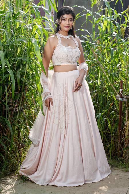 House Of TA-YA_Pink Cotton, Silk, Georgette, Net Pearls, Placement Embellished Lehenga Set _at_Aza_Fashions