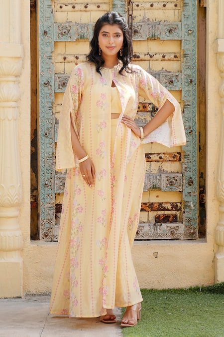 House Of TA-YA_Yellow Cotton Satin, Cotton, Silk Embroidery Floral Stripe Print Cape Pant Set _Online_at_Aza_Fashions
