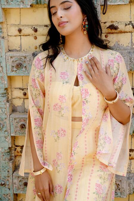 Shop_House Of TA-YA_Yellow Cotton Satin, Cotton, Silk Embroidery Floral Stripe Print Cape Pant Set _Online_at_Aza_Fashions