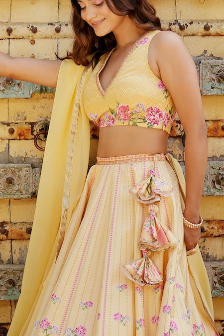 House Of TA-YA Yellow Cotton Satin, Georgette Cut Work, Floral Stripe Print Lehenga Set Online at Aza Fashions House Of TA-YA_Yellow Cotton Satin, Georgette Cut Work, Floral Stripe Print Lehenga Set _Online_at_Aza_Fashions