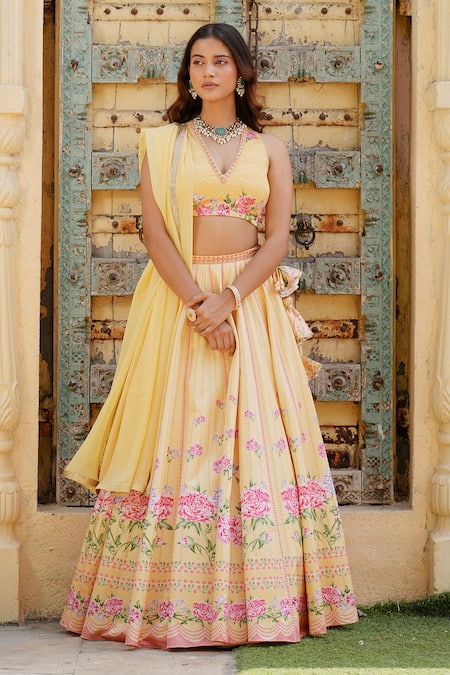 Buy_House Of TA-YA_Yellow Cotton Satin, Georgette Cut Work, Floral Stripe Print Lehenga Set _Online_at_Aza_Fashions