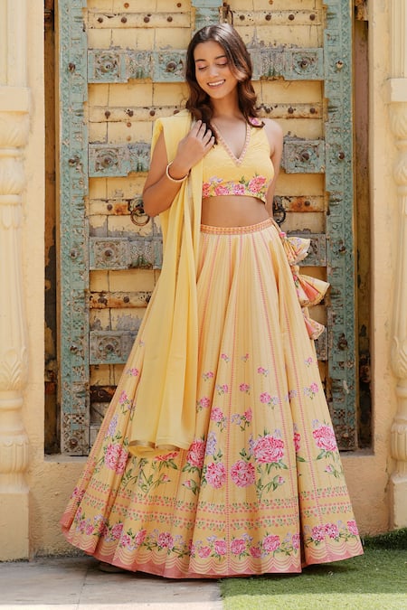 Shop_House Of TA-YA_Yellow Cotton Satin, Georgette Cut Work, Floral Stripe Print Lehenga Set _Online_at_Aza_Fashions