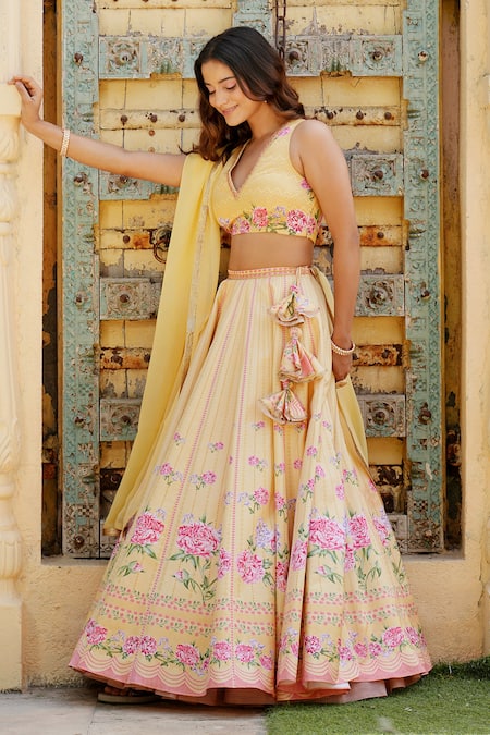 House Of TA-YA_Yellow Cotton Satin, Georgette Cut Work, Floral Stripe Print Lehenga Set _at_Aza_Fashions