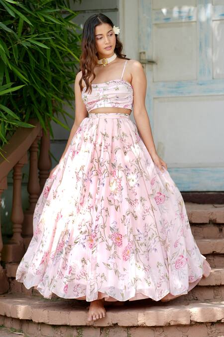 House Of TA-YA_Pink Cotton Satin, Cotton, Silk Embroidery Flower Print Blouse And Lehenga Set _Online_at_Aza_Fashions