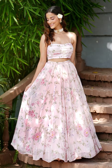 Buy_House Of TA-YA_Pink Cotton Satin, Cotton, Silk Embroidery Flower Print Blouse And Lehenga Set _Online_at_Aza_Fashions