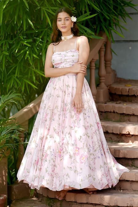 Shop_House Of TA-YA_Pink Cotton Satin, Cotton, Silk Embroidery Flower Print Blouse And Lehenga Set _Online_at_Aza_Fashions