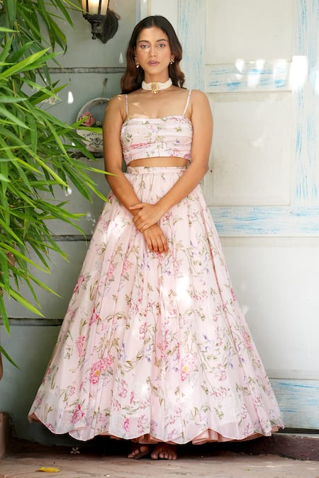 House Of TA-YA_Pink Cotton Satin, Cotton, Silk Embroidery Flower Print Blouse And Lehenga Set _at_Aza_Fashions