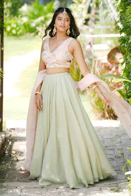 House Of TA-YA_Green Georgette, Chanderi, Organza Sequins, Cut Work, Embroidery Lehenga Set _at_Aza_Fashions