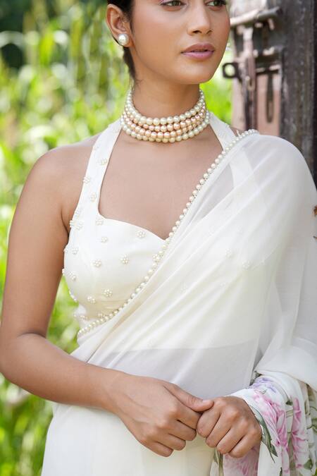 House Of TA-YA_Off White Georgette, , Silk, Satin Floral Print Saree With Blouse _at_Aza_Fashions