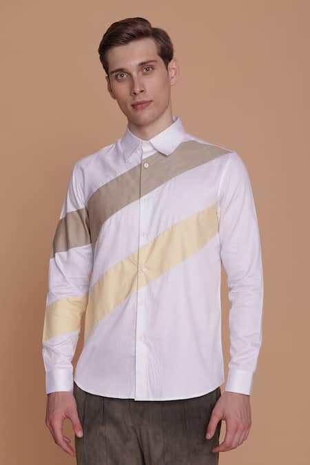 Lacquer Embassy White Cotton Satin Cut And Sew Banksia Striped Pattern Shirt 