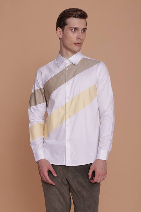 Lacquer Embassy_White Cotton Satin Cut Work Banksia Striped Pattern Shirt _Online_at_Aza_Fashions