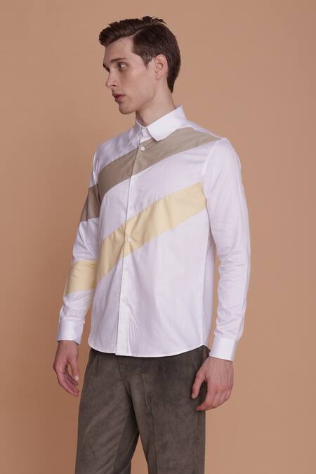 Buy_Lacquer Embassy_White Cotton Satin Cut Work Banksia Striped Pattern Shirt _Online_at_Aza_Fashions