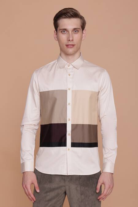 Lacquer Embassy Cream Cotton Cut And Sew Cedar Striped Pattern Shirt 