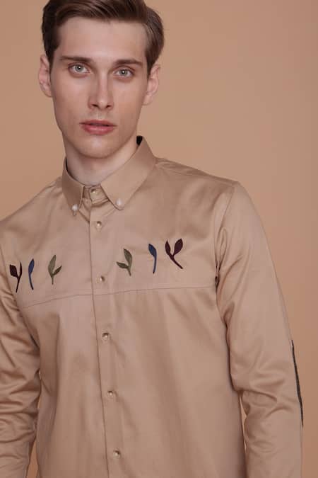 Buy_Lacquer Embassy_Beige Cotton Embroidery Shirt _Online_at_Aza_Fashions