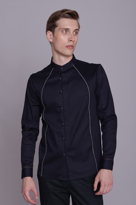 Lacquer Embassy Blue Cotton Satin Solid Icefield Band Collar Shirt 