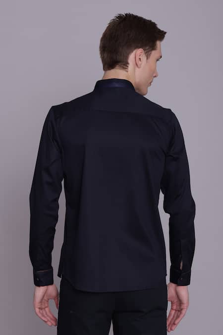 Lacquer Embassy Navy Solid Band Collar Shirt 