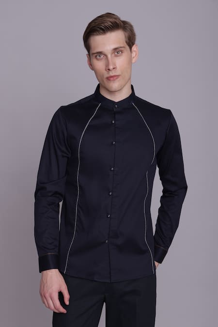 Lacquer Embassy_Navy Cotton Satin Piping Solid Band Collar Shirt _Online_at_Aza_Fashions