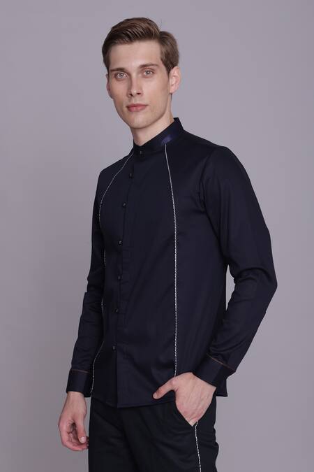 Buy_Lacquer Embassy_Navy Cotton Satin Piping Solid Band Collar Shirt _Online_at_Aza_Fashions