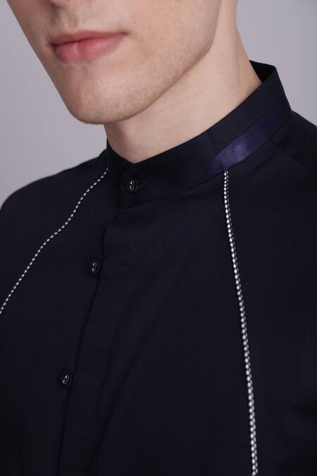Shop_Lacquer Embassy_Navy Cotton Satin Piping Solid Band Collar Shirt _Online_at_Aza_Fashions