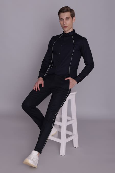 Lacquer Embassy_Navy Cotton Satin Piping Solid Band Collar Shirt _at_Aza_Fashions
