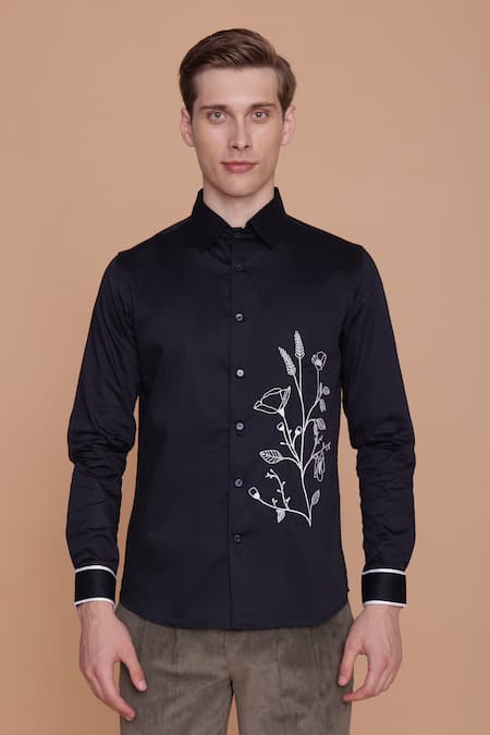 Lacquer Embassy Blue Cotton Satin Embroidered Floral Josef Panel Shirt 