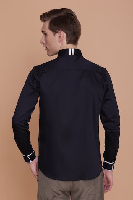 Shop_Lacquer Embassy_Navy Cotton Satin Embroidery Floral Shirt _at_Aza_Fashions