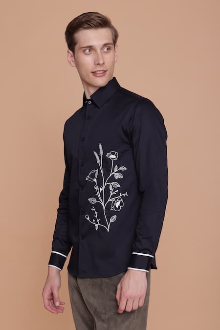 Lacquer Embassy_Navy Cotton Satin Embroidery Floral Shirt _Online_at_Aza_Fashions
