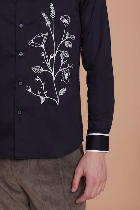 Buy_Lacquer Embassy_Navy Cotton Satin Embroidery Floral Shirt _Online_at_Aza_Fashions
