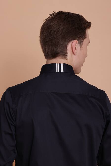 Shop_Lacquer Embassy_Navy Cotton Satin Embroidery Floral Shirt _Online_at_Aza_Fashions