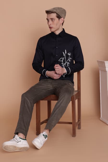 Lacquer Embassy_Navy Cotton Satin Embroidery Floral Shirt _at_Aza_Fashions