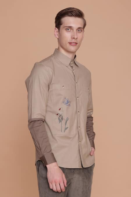 Lacquer Embassy_Beige Cotton Embroidery Floral Shirt _Online_at_Aza_Fashions