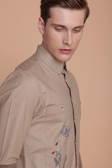Shop_Lacquer Embassy_Beige Cotton Embroidery Floral Shirt _Online_at_Aza_Fashions
