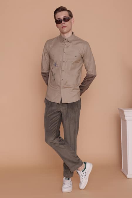 Lacquer Embassy_Beige Cotton Embroidery Floral Shirt _at_Aza_Fashions