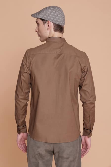 Shop_Lacquer Embassy_Brown Cotton Cut And Sew Band Collar Shirt _at_Aza_Fashions