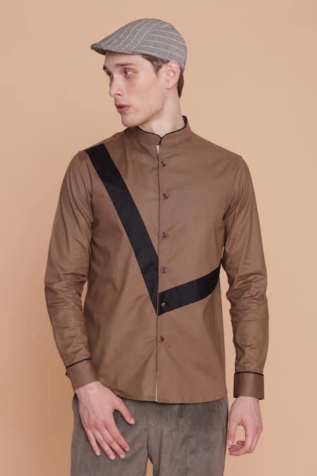 Lacquer Embassy_Brown Cotton Cut And Sew Band Collar Shirt _Online_at_Aza_Fashions