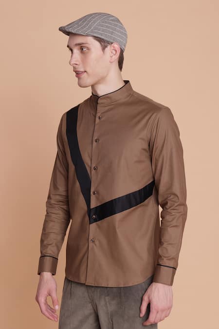 Buy_Lacquer Embassy_Brown Cotton Cut And Sew Band Collar Shirt _Online_at_Aza_Fashions