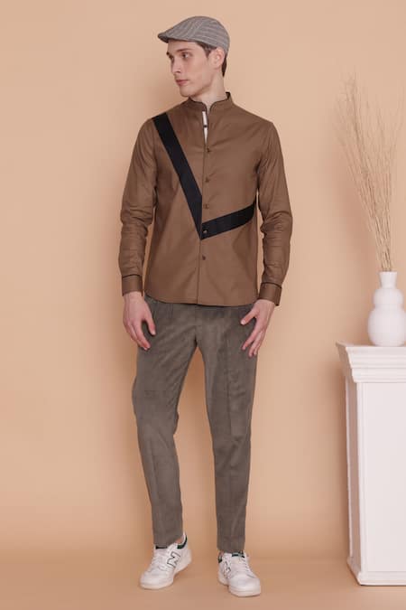 Shop_Lacquer Embassy_Brown Cotton Cut And Sew Band Collar Shirt _Online_at_Aza_Fashions