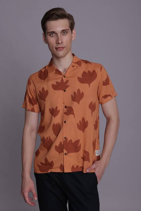 Lacquer Embassy Orange Rayon Printed Abstract Leaf Laguna Shirt 