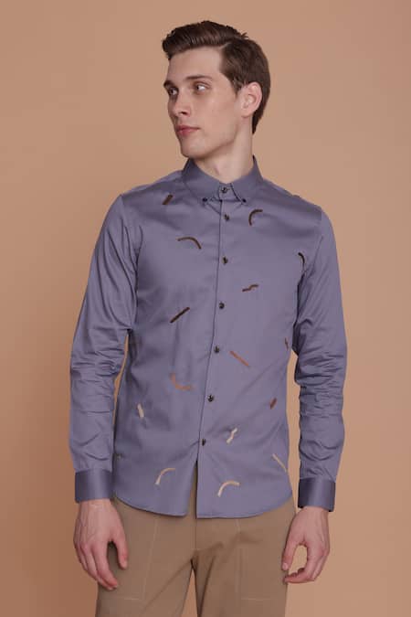 Lacquer Embassy Blue Cotton Embroidered Abstract Thread Lowa Shirt 